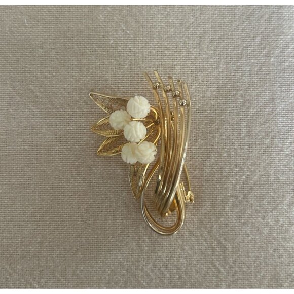 Vintage Gold-Tone Carved Rose Floral Brooch White Accents - Picture 1 of 4
